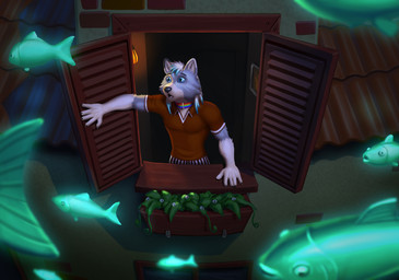 anthro building flower_box glowing house lamp lantern looking_out_window looking_outside magic male shocked solo surprised furayob dante_kinkade aquatic canid canine canis fish mammal wolf absurd_res hi_res