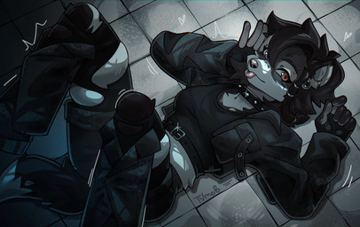 5_fingers accessory anthro arms_bent bent_legs black_body black_clothing black_ears black_eyebrows black_fingerless_gloves black_fur black_gloves black_handwear black_legwear black_tail blep blue_eyes bottomwear breasts buckle cheek_tuft closed_smile clothed clothed_anthro clothed_female clothing collar countershade_face countershade_fur countershade_hands countershading cropped_jacket dipstick_tail ear_piercing ear_ring eye_markings eyebrow_piercing eyebrows eyelashes facial_piercing facial_tuft female female_anthro fingerless_gloves fingers floor fluffy fluffy_tail front_view fully_clothed fully_clothed_anthro fully_clothed_female fur fur_tuft gauged_ear gloves grey_body grey_bottomwear grey_clothing grey_fur grey_jacket grey_shorts grey_text grey_topwear hair hair_accessory hair_between_eyes hair_ring handwear heart_symbol heterochromia high-angle_view humanoid_hands iris jacket legwear looking_at_viewer lying markings medium_breasts medium_hair midriff monotone_bottomwear monotone_clothing monotone_crop_top monotone_fingerless_gloves monotone_gloves monotone_hair monotone_handwear monotone_jacket monotone_legwear monotone_shorts monotone_topwear mouth_closed multicolored_body multicolored_ears multicolored_fur nose_piercing on_back piercing pink_nose pink_tongue pose pupils red_pupils ring_piercing septum_piercing shorts smile smiling_at_viewer snout solo spiked_collar spikes squish tail tail_markings text thigh_squish tile tile_floor tongue tongue_out topwear torn_clothing torn_legwear tuft two_tone_ears white_body white_countershading white_ears white_fur white_inner_ear white_markings white_sclera white_snout white_spikes white_tail_tip white_tuft yellow_eyes spuydjeks tvmob spuydjeks_(character) hyena mammal absurd_res artist_collaboration artist_name full-length_portrait hi_res portrait shaded three-quarter_portrait