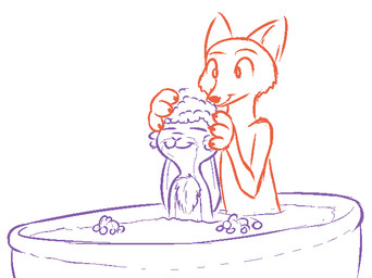 :3 ambiguous_gender anthro assisted_bathing bath bathing bathtub bubble dewlap_(anatomy) duo nude partially_submerged simple_background smile water white_background tggeko disney zootopia judy_hopps nick_wilde canid canine fox lagomorph leporid mammal rabbit red_fox true_fox 2016