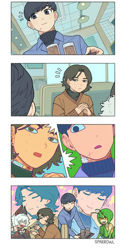 4_arms antennae_(anatomy) arthropod_abdomen backpack band-aid band-aid_on_neck bandage bandage_on_neck beverage black_clothing black_ears black_eyebrows black_eyes black_hair black_membrane black_sweater black_topwear black_wings blue_bottomwear blue_clothing blue_pants blue_shirt blue_sweater blue_topwear blush blush_lines bob_cut bodily_fluids booth bottomwear brown_clothing brown_eyebrows brown_eyes brown_hair brown_sweater brown_topwear cafe cake ceiling_lamp clasped_hands closed_smile clothed clothed_female clothed_human clothed_humanoid clothed_male clothing collarbone collared_shirt container cup cutlery dessert dress_shirt drinking_glass drinking_straw duo_focus ear_piercing exoskeleton eye_contact eyebrows eyelashes eyes_closed feeding feeding_partner female female_humanoid food fork glass glass_container glass_cup green_body green_exoskeleton green_hair grey_clothing grey_shirt grey_tank_top grey_topwear group hair holding_fork holding_tray human_focus human_on_humanoid ice ice_cube inside interlocked_fingers interspecies kitchen_utensils lamp leaning leaning_forward long_hair long_sleeves looking_aside looking_at_another male male/female male_focus male_human markings membrane_(anatomy) membranous_wings mole_(marking) monster_girl_(genre) mouth_closed multi_arm multi_limb not_furry_focus open_mouth pants piercing pink_inner_ear pink_tongue public pupils recognition red_wings scratches sharp_teeth shirt short_hair short_sleeves sitting smile sweat sweater sweaty_face tank_top teeth text thick_eyelashes tongue tools topwear tray turtleneck two_tone_wings walking white_eyelashes white_hair wide_eyed winged_arms wings yellow_clothing yellow_eyes yellow_shirt yellow_topwear sparrowl hasol_(sparrowl) sanrok_(sparrowl) animal_humanoid arthropod arthropod_humanoid bat bat_humanoid human humanoid insect insect_humanoid leaf-nosed_bat mammal mammal_humanoid mantis mantis_humanoid microbat vampire_bat vampire_bat_humanoid yangochiropteran 2025 absurd_res artist_name comic hi_res