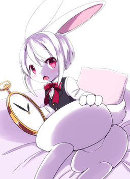4_fingers alternative_fashion anthro bed butt butt_focus butt_pose clock crossgender female fingers furniture grey_hair hair j-fashion kemono looking_at_viewer neck_bow ouji_(fashion) pillow pink_eyes pocketwatch pose red_bow short_hair solo watch kemoribbon alice_in_wonderland the_white_rabbit lagomorph leporid mammal rabbit hi_res
