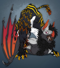 ambiguous_gender anthro big_fangs bite black_body black_fur black_hair blood blood_on_face bodily_fluids cheek_tuft chest_tuft claws duo facial_tuft fangs feral finger_claws fur glistening glistening_eyes gore grey_body grey_fur hair logo lying male membrane_(anatomy) membranous_wings neck_tuft nude on_front open_mouth orange_inner_ear orange_nose orange_wings red_wings simple_background striped_back stripes teeth tuft white_body white_fur winged_arms wings yellow_body yellow_claws yellow_stripes riorix bat mammal monster 2019 artist_logo dated hi_res
