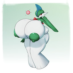 big_breasts border breasts crossgender female female_symbol gender_symbol glistening glistening_breasts glistening_nipples gradient_background green_background green_body green_hair green_nipples green_skin hair horn huge_breasts hyper hyper_breasts looking_at_viewer male male_humanoid mtf_crossgender multicolored_body nipples red_eyes simple_background spikes spikes_(anatomy) standing symbol thick_thighs two_tone_body white_body white_border white_skin wide_hips red_eclipse nintendo pokemon pokemon_champions_(game) gallade generation_4_pokemon humanoid pokemon_(species) 1:1 2026 full-length_portrait hi_res portrait