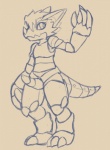 anthro anthrofied biped digimorph erection front_view genitals gesture machine male nude penis solo standing tapering_penis waving eternallytardy bandai_namco digimon digimon_(species) hackmon robot scalie alternate_version_at_source monochrome sketch