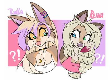 anthro character_comparison duo female simple_background ei-ka reina_(ei-ka) rinka_eya canid canine canis domestic_dog fox german_shepherd herding_dog hybrid mammal pastoral_dog 2024
