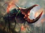 ambiguous_gender feral landscape low-angle_view macro silhouette smoke solo torch adam_paquette hasbro magic:_the_gathering arthropod beetle insect rhinoceros_beetle scarabaeid official_art restricted_palette