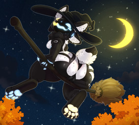 4_ears 4_toes anthro big_butt black_clothing broom broom_riding butt camel_toe claws cleaning_tool clothed clothing feet female fur glowing glowing_paws hair hat headgear headwear hindpaw holidays machine magic_user moon multi_ear night outside panties pawpads paws plant screen screen_face sky smile solo star starry_sky tail toes tree underwear white_body white_fur witch witch_hat backsash halloween mammal protogen 2025 digital_media_(artwork) hi_res