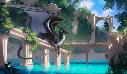 2_horns belly black_body black_scales feral garden horn male multicolored_body outside plant pond scales shrub solo tree two_tone_body white_belly white_wings wings kruvis european_mythology mythology avian bird dragon mythological_creature mythological_scalie scalie western_dragon 2025 hi_res