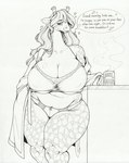 anthro belly_overhang big_breasts biped bra breasts clothed clothing curvy_figure dialogue eye_bags eyelashes female fupa hair heart_symbol huge_breasts lace_bra lace_panties long_hair mature_anthro mature_female natural_breasts navel overweight overweight_anthro overweight_female panties pupils smile speech_bubble talking_to_viewer text thick_thighs under_boob underwear voluptuous wide_hips longinius zawabi giraffe giraffid mammal 2024 absurd_res english_text hi_res traditional_media_(artwork)