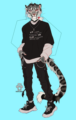 anthro black_bottomwear black_clothing black_footwear black_pants black_shoes black_topwear blue_background blue_eyes bottomwear clothed clothing footwear front_view fur grey_body grey_fur grey_hair hair hand_in_pocket logo looking_at_viewer male male_anthro mouth_closed pants pockets red_nose shoes simple_background solo standing text topwear whiskers white_body white_clothing white_footwear white_fur white_hair white_shoes white_topwear justkiddinb scourge_(blackscour) felid mammal artist_logo artist_name full-length_portrait hi_res portrait translation_request