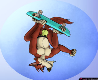 anthro ball_bulge balls balls_outline big_nose bulge claws clothing crouching detailed_bulge facial_piercing fangs genital_outline genitals inner_ear_fluff jockstrap jumping looking_away male mostly_nude motion_lines nipples nose_piercing nose_ring pecs penis piercing pose pubes red_body ring_piercing simple_background skateboard skateboarding skating smile solo tail teeth text tuft underwear vehicle vein veiny_penis garo_(artist) atlus go!_go!_hypergrind sega decker canid canine canis mammal wolf 2023 absurd_res colored full-length_portrait hi_res pinup portrait shaded