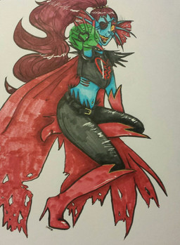alternate_universe clothed clothing eye_patch eyewear female hair long_hair midriff navel navel_piercing open_mouth piercing simple_background skimpy solo teeth unknown_artist underfell undertale undertale_(series) undyne_(underfell) animal_humanoid aquatic aquatic_humanoid fish fish_humanoid humanoid 2015 hi_res source_request traditional_media_(artwork)