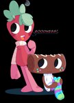 :3 black_eyes blush blush_stickers brown_body cake canine_teeth chest_tuft clothing dessert dialogue duo food freckled_face freckles frosting frosting_on_head fruit fur green_hair hair leaf leaf_hair leggings legwear looking_back male mostly_nude multicolored_clothing multicolored_leggings multicolored_legwear not_furry open_mouth pattern_clothing pattern_leggings pattern_legwear plant plant_hair pseudo_hair red_body red_fur roll_cake scarf scarf_only simple_background smile strawberry striped_clothing striped_leggings striped_legwear stripes sweater text thin_eyebrows topwear transparent_background tuft white_clothing white_sweater white_topwear rainboweevee dandy's_world cosmo_(dandy's_world) sprout_(dandy's_world) animate_inanimate elemental_creature flora_fauna food_creature humanoid living_fruit toons_(dandys_world) alpha_channel digital_media_(artwork) hi_res watermark