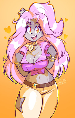 anthro bangle belt big_breasts bottomwear breasts brown_belt cleavage clothed clothing ear_piercing ear_ring female fur grey_body grey_fur hair happy heart_symbol jewelry long_hair looking_at_viewer open_mouth open_smile pants piercing pink_hair purple_clothing purple_topwear ring_piercing simple_background smile solo standing tan_bottomwear tan_clothing tan_pants thick_thighs topwear y2k_(fashion) yellow_background yellow_eyes jamoart helene_marilyn cricetid hamster mammal rodent 2023 absurd_res hi_res