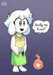 3_toes anthro barefoot biped clothing dialogue dress feet fur male robe simple_background solo text toes white_body white_fur young katelynntheg undertale undertale_(series) asriel_dreemurr boss_monster_(undertale) bovid caprine goat mammal 2016 english_text