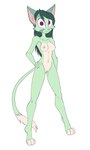 anthro breasts digitigrade female fur green_body green_fur hand_on_hip looking_at_viewer medium_breasts navel nipples nude pink_nose pose purple_eyes simple_background smile solo white_background zagura dreamkeepers lilith_calah domestic_cat felid feline felis mammal 3:5 absurd_res hi_res