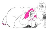 anthro big_breasts big_butt black_nose bodily_fluids bottomless breasts burger butt clothed clothing colored_nails drooling eyes_closed female food hair huge_butt hungry long_hair lying nails obese obese_anthro obese_female on_front open_mouth overweight overweight_anthro overweight_female pink_hair saliva sharp_teeth simple_background solo_focus teeth text white_background snackdumpster noelle_(twistcmyk) bear mammal 2024 hi_res