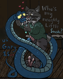 2_penises anthro anthro_on_feral awkward bestiality blue_body blue_scales bodily_fluids bottomless clothed clothing cum duo ejaculation fangs feral fur genital_fluids genitals grey_body grey_fur heart_symbol male male/male multi_genitalia multi_penis penis scales teeth venom venom_milking squirmynoodle disney zootopia gary_de'snake imsi pawbert_lynxley canada_lynx felid feline lynx mammal pit_viper reptile scalie snake viper 4:5