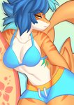 anthro bikini bikini_top blue_hair breasts clothing female fin gills hair half-closed_eyes looking_at_viewer narrowed_eyes non-mammal_breasts orange_body orange_eyes solo surfboard swimming_trunks swimwear two-piece_swimsuit vehicle watercraft white_body techagau jyxa fish marine requiem_shark shark tiger_shark absurd_res hi_res