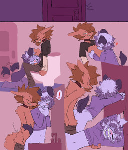 against_surface against_wall ambiguous_gender ambiguous_penetrated anthro anthro_on_anthro bathroom blush bottomless bottomwear clothed clothing door duo exclamation_point eye_patch eyewear fangs fellatio floppy_ears fluffy from_behind_position fur hair hair_over_eye hand_on_chest hand_on_head happy jacket kissing kissing_chest kneeling kneeling_oral_position male male/ambiguous male_penetrating male_penetrating_ambiguous navel one_eye_obstructed oral pants partially_clothed penetration penile penile_penetration penis_in_mouth sex sharp_teeth shirt short_tail smile speech_bubble standing_doggystyle tail tail_motion tailwag teeth thin_calves thin_legs thin_thighs toilet topless topless_male topwear virteil canid canine canis domestic_dog mammal comic digital_media_(artwork) hi_res pictographics
