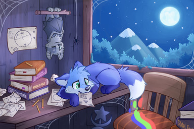 3_toes ambiguous_gender anthro blue_body blue_eyes blue_fur book book_stack bookmark chair cheek_tuft chest_tuft crumpled_paper detailed_background duo equation facial_tuft feet feral full_moon fur furniture geometry green_eyes grey_body grey_fur hanging_from_bar math membrane_(anatomy) membranous_wings moon moss mountain mouth_hold night notes one_eye_closed paint paper paws pencil_(object) pencil_sharpener plant quadruped sky snout snow spider_web star table tail text toes tuft upside_down wings wood wood_chair wood_furniture wood_table coille conditional_dnp vicki_(godsvg) arachnid arthropod bat canid canine fox mammal spider absurd_res digital_media_(artwork) handwritten_text hi_res