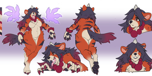 anthro biped breasts butt claws countershade_torso countershading feet female fingers front_view fur hair horn navel nude nude_anthro nude_female paws rear_view simple_background smile solo stripes tail teeth toes tongue mocha-wing nintendo pokemon generation_1_pokemon growlithe pokemon_(species) 2026 digital_drawing_(artwork) digital_media_(artwork) hi_res model_sheet