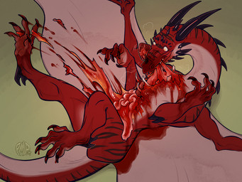 blood blood_puddle bodily_fluids feral gore guts heart_(organ) horn imminent_death intestines lying male membrane_(anatomy) membranous_wings on_back organs self-harm simple_background solo suicide tail teeth wings porcumoose_artistries mythology dragon mythological_creature mythological_scalie scalie digital_media_(artwork) hi_res