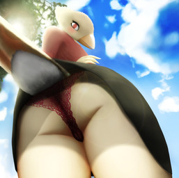 anthro beak blouse blush bottomwear butt camel_toe clothed clothing cloud embarrassed feathers female lace lace_panties low-angle_view open_beak open_mouth outside panties plant raised_tail red_eyes shadow skirt sky solo sun surprised tail tail_under_skirt tail_upskirt tongue topwear tree underwear upskirt worm's-eye_view thousandfoldfeathers vanilla_(canary) avian bird canary finch oscine passerine hi_res