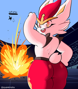 ambiguous_gender anthro black_body black_fur butt fur looking_at_viewer looking_back looking_back_at_viewer multicolored_body multicolored_fur open_mouth open_smile orange_eyes red_body red_fur smile smiling_at_viewer solo tail text white_body white_fur quavernsfw nintendo pokemon cinderace generation_8_pokemon pokemon_(species) 2026 absurd_res artist_name hi_res