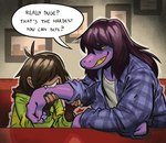 ambiguous_gender anthro arm_bite brown_hair dialogue duo female freckles hair hair_over_eyes purple_body smile smirk text angusburgers deltarune undertale_(series) kris_(deltarune) susie_(deltarune) dinosaur human humanoid mammal monster prehistoric_species reptile scalie 2023 english_text hi_res