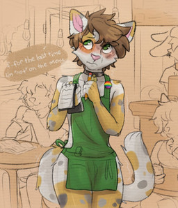 anthro apron apron_only beverage biped blush clothed clothing coffee coffee_shop collar dialogue dual_holding embarrassed femboy group holding_object left-handed legwear lgbt_pride male mostly_nude mottled pencil_(object) piebald pride_colors public rainbow_pride_colors six-stripe_rainbow_pride_colors skimpy solo_focus stated_homosexuality stated_sexuality text thick_thighs writing_utensil mawmain lawrence_lux calico_cat domestic_cat felid feline felis mammal 2021 english_text