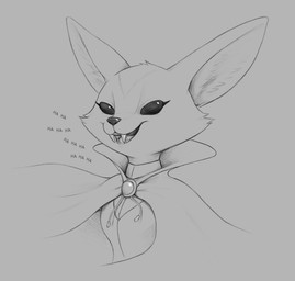 anthro cheek_tuft cloak clothed clothing facial_tuft fangs female fur grey_background inner_ear_fluff laugh open_mouth open_smile simple_background smile solo teeth tuft s1m aggretsuko sanrio fenneko canid canine fennec_fox fox mammal true_fox vampire 2020 hi_res monochrome sketch