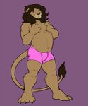 anthro balls_outline belly blue_eyes bottomwear brown_body brown_fur brown_mane bulge chest_grab clothing detailed_bulge feet fur genital_outline male mane musclegut muscular pink_bottomwear pink_clothing sheath_outline solo standing tail tail_tuft teeth tuft pandottermon thom_(pandottermon) felid lion mammal pantherine hi_res