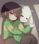 ambiguous_gender anthro biped blush bottomwear brown_hair clothed clothing cuddling daww duo fur green_clothing hair lying male on_side red_eyes sleeping spooning topwear white_body white_fur young young_ambiguous young_anthro young_human young_male syuya undertale undertale_(series) asriel_dreemurr chara_(undertale) bovid caprine goat human mammal 2021 adopted_(lore) adoptive_brother_(lore) adoptive_sibling_(lore)