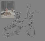 anthro bottomless clothed clothing cylinder dessert female food fruit legwear looking_at_viewer lying on_front panties plant simple_background solo stockings strawberry underwear agidyne rose_(agidyne) lagomorph leporid mammal rabbit hi_res sketch