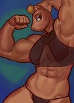 abs anthro bra clothing female flexing flexing_bicep food fruit fur half-closed_eyes male muscle_tone muscular muscular_anthro muscular_male narrowed_eyes orange_(fruit) plant simple_background solo sports_bra tan_body tan_fur thong underwear diadorin capybara caviid mammal rodent absurd_res hi_res