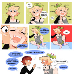 blonde_hair bottomwear caressing_face clothed clothed_female clothing dialogue disembodied_hand duo fangs female footwear fully_clothed fully_clothed_female hair not_furry skirt socks tapping_foot teeth text cherry_beries berri_(cherry_beries) human mammal 1:1 absurd_res comic english_text hi_res