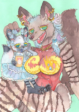 accessory age_difference alternative_fashion anthro beverage big_breasts bow_ribbon breasts claws clothed clothing collar dress duo ear_piercing ear_ring female fur green_eyes hair hair_accessory hair_bow hair_ribbon looking_at_viewer markings open_mouth pawpads piercing ribbons ring_piercing simple_background sitting size_difference smile striped_body striped_fur stripes tail teeth young young_anthro kyokyota aardwolf brown_hyena hyena mammal 2024 absurd_res hi_res painting_(artwork) traditional_media_(artwork) watercolor_(artwork)