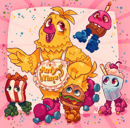 4_fingers anthro apron armless beak blonde_hair blue_clothing blue_eyes blue_footwear blue_pupils brown_eyelids buckteeth candle chicken_meat chicken_nugget clothing dairy_products drinking_straw feather_hair feather_hands feathers female fingers fire food footwear gesture green_clothing green_eyes green_footwear green_pupils group hair hand_gesture larger_anthro larger_female lettuce lidded_eyes light lit_candle male meat midair mouthless neck_tuft no_eyebrows noseless open_mouth open_smile orange_clothing orange_footwear pink_background pink_beak pink_clothing pink_eyes pink_footwear pink_pupils pink_tongue plant pointing pseudo_hair pupils quad_skates roller_skates roller_skating short_hair simple_background size_difference smaller_female smaller_male smile teeth text text_on_apron text_on_clothing tongue toothed_beak tuft vegetable whipped_cream white_apron white_clothing yellow_body yellow_feathers cocopudu five_nights_at_freddy's five_nights_at_freddy's:_secret_of_the_mimic scottgames cupcake_(fnaf) mr._chicken ms._burger ms._shake party_time_chica_(fnaf) animate_inanimate avian bird chicken food_creature galliform phasianid 2025 colored digital_drawing_(artwork) digital_media_(artwork) english_description english_text hi_res lighting shaded