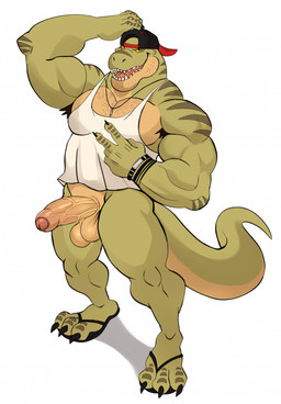 anthro armpit_hair backwards_baseball_cap backwards_hat balls baseball_cap biceps body_hair bottomless bottomless_male calf_muscles chest_hair claws clothed clothing countershade_face countershade_torso countershading deltoids erection footwear foreskin genitals hat headgear headwear humanoid_genitalia humanoid_penis jewelry looking_at_viewer male muscular muscular_anthro muscular_male necklace non-mammal_balls pantsless_anthro pantsless_male pecs penis sandals shirt shoes simple_background solo standing stubble tank_top teeth topwear trapezius vein veiny_penis white_background white_clothing white_shirt white_tank_top white_topwear darknaigart jace_(darknaig) dinosaur prehistoric_species reptile saurischian scalie theropod tyrannosaurid tyrannosauroid tyrannosaurus tyrannosaurus_rex hi_res