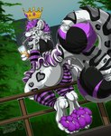 anthro balls_outline bottomwear bulge bulge_from_behind clothing crown detailed_bulge drinking femboy genital_outline headgear legwear male panties pawpads paws purple_pawpads purple_tongue skirt solo stockings tongue underwear pawzzhky felid mammal pantherine snow_leopard hi_res