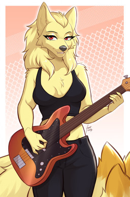 anthro anthrofied bass_guitar biped bottomwear breasts claws clothed clothed_anthro clothed_female clothing female fingers front_view fully_clothed fully_clothed_anthro fully_clothed_female fur guitar hair looking_at_viewer musical_instrument plucked_string_instrument smile solo standing string_instrument tail teeth topwear fuvi nintendo pokemon generation_1_pokemon ninetales pokemon_(species) 2026 digital_drawing_(artwork) digital_media_(artwork) hi_res