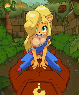 anthro blonde_hair bodily_fluids breasts clothing cowgirl_position crate cum cum_from_vagina cum_in_vagina cum_inside duo eye_roll eyelashes female food from_front_position fruit gameplay_mechanics genital_fluids genitals green_eyes hair leaking_cum long_hair looking_pleasured male male/female medium_breasts nipples on_bottom on_top one_breast_out orgasm overalls penetration plant ponytail sex vaginal vaginal_fluids vaginal_penetration vulva wumpa_fruit joruze activision crash_bandicoot_(series) coco_bandicoot bandicoot human mammal marsupial 5:6 animated no_sound short_playtime video