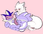 balls coiling duo feral fur genitals male penis pink_background simple_background smile tapering_penis white_body white_fur bloowolfy nintendo pokemon canid canine eeveelution fox generation_1_pokemon mammal pokemon_(species) vaporeon 2024