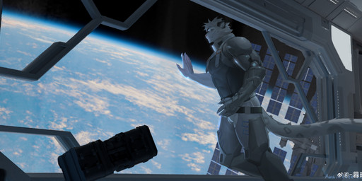 anthro blue_eyes clothed clothing fur glistening glistening_eyes hair inside male male_anthro messy_hair mouth_closed muscular muscular_anthro muscular_male pink_nose planet prosthetic prosthetic_arm prosthetic_limb short_hair solo space space_station white_body white_fur white_hair awaldkize felid mammal pantherine snow_leopard absurd_res hi_res