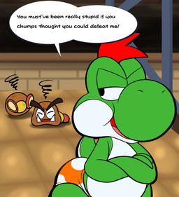anthro audience beaten_up cocky crossed_arms defeated dialogue fighting_ring group looking_back male mohawk polka_dot_clothing post_fight unconscious wrestling_briefs young young_anthro tepigfan101 mario_bros mythology nintendo paper_mario paper_mario:_the_thousand_year_door the_great_gonzales_jr dinosaur dragon goomba green_yoshi mythological_creature mythological_scalie prehistoric_species reptile scalie yoshi absurd_res hi_res