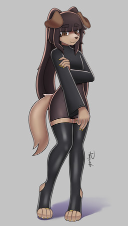 4_toes 5_fingers :3 anthro big_ears brown_body brown_fur claws clothing crop_top digit_ring feet female fingers full_body_view fur jewelry legwear long_sleeves looking_at_viewer pigtails ring shirt smile solo stirrup_legwear stockings thigh_highs toe_ring toes topwear panqueik canid canine canis domestic_dog mammal absurd_res hi_res portrait