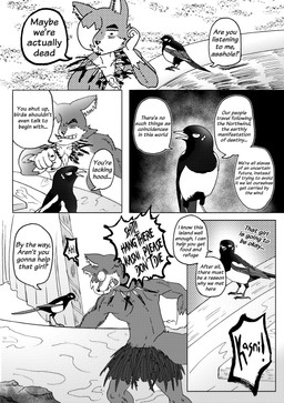 anthro beach boat bodily_fluids bone countershade_face countershade_fur countershade_torso countershading dialogue feathers fur male muscular muscular_anthro muscular_male profanity rock skull text vehicle watercraft efradraws northwind_(efradraws) n'tal_(northwind) uspul_(efradraws) avian bird canid canine canis corvid magpie_(corvid) mammal oscine passerine wolf absurd_res black_and_white comic digital_media_(artwork) english_text halftone hi_res monochrome