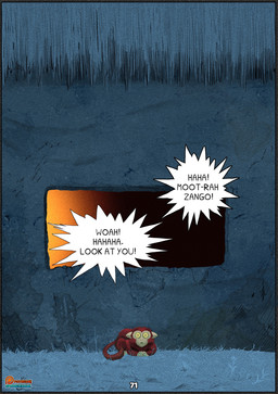 anthro building dialogue feral fur house language_barrier outside red_body red_fur simple_background solo speech_bubble tail yellow_eyes spoogiehowl patreon haplorhine mammal monkey primate 2025 comic hi_res