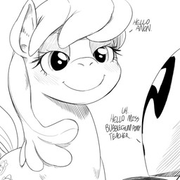 cutie_mark dialogue duo female feral fur greeting hair looking_at_another male nude simple_background smile solo_focus tail text toony white_background sunibee friendship_is_magic hasbro my_little_pony anon cheerilee_(mlp) earth_pony equid equine horse mammal pony 1:1 english_text greyscale monochrome sketch